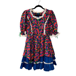Vintage 80's Square Dancing Dress Size 6 100% Cotton Music Instruments Blue Red